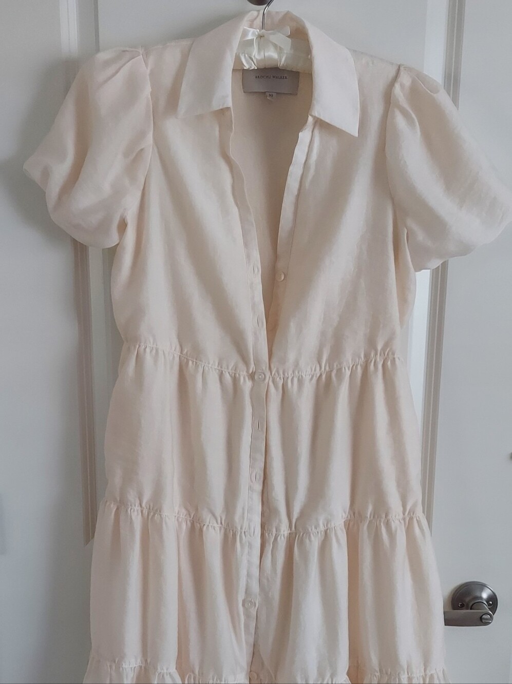 Brochu Walker Havana Midi Cream Tiered Puff-Sleeve Shirt Dress XS $398